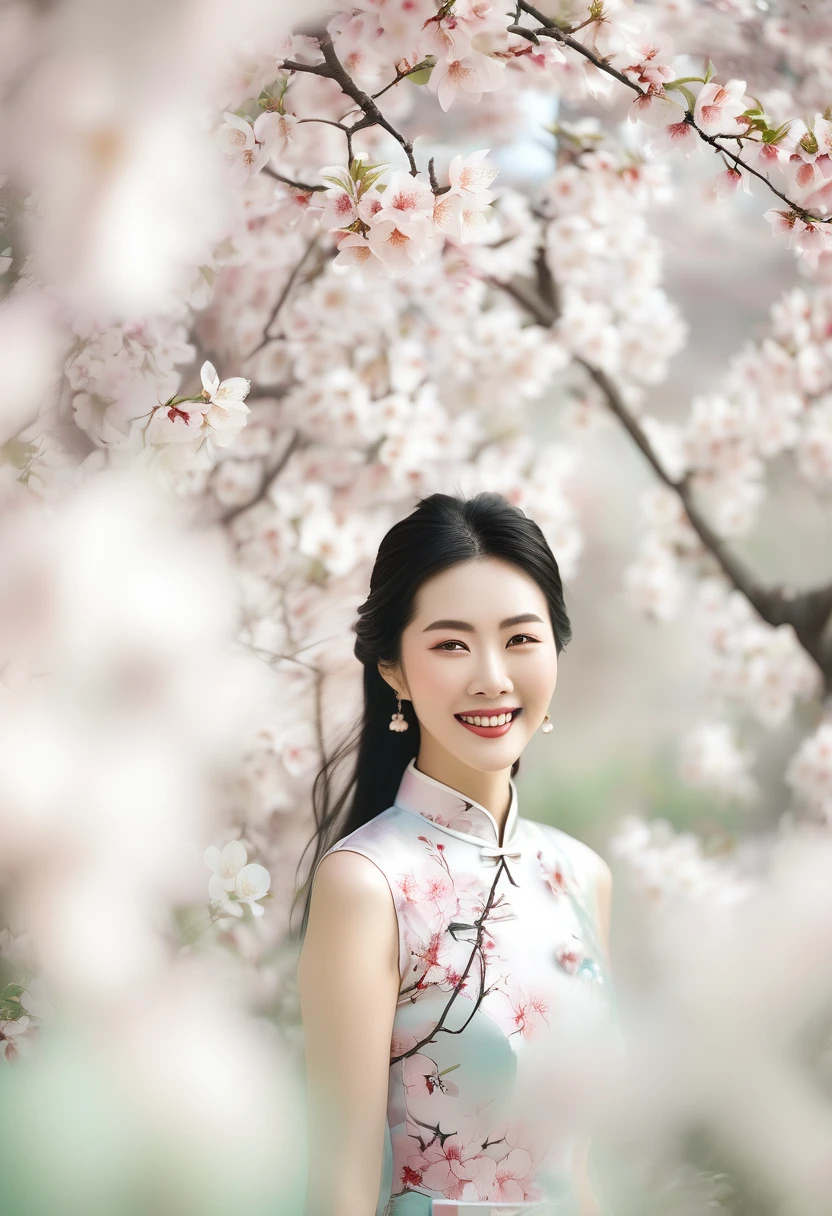 Chinese Beauty，Black long hair，Smile，Light cheongsam，Under the cherry treeichal Katz Style，Soft colors，photography，4K