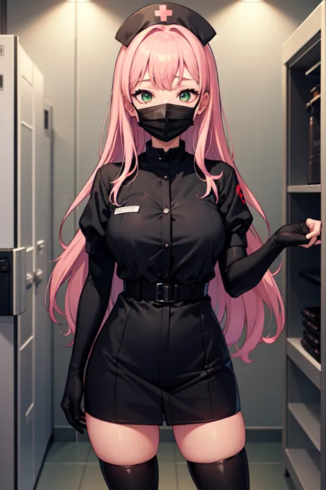 black nurse, 1woman, solo, black nurse cap, black nurse uniform, ((black legwear, zettai ryouiki)), black elbow gloves, pink hai...