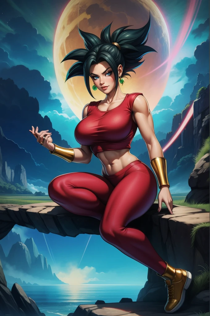 KEFLA  style, 8k, hdr, ureal engine, ultra quality, big breasts   sitting, torns ripped clothes, long breasts,detailed realistic, green bioluminisence hair, red tub top, red pants, golden bracelets, aura ki, full body