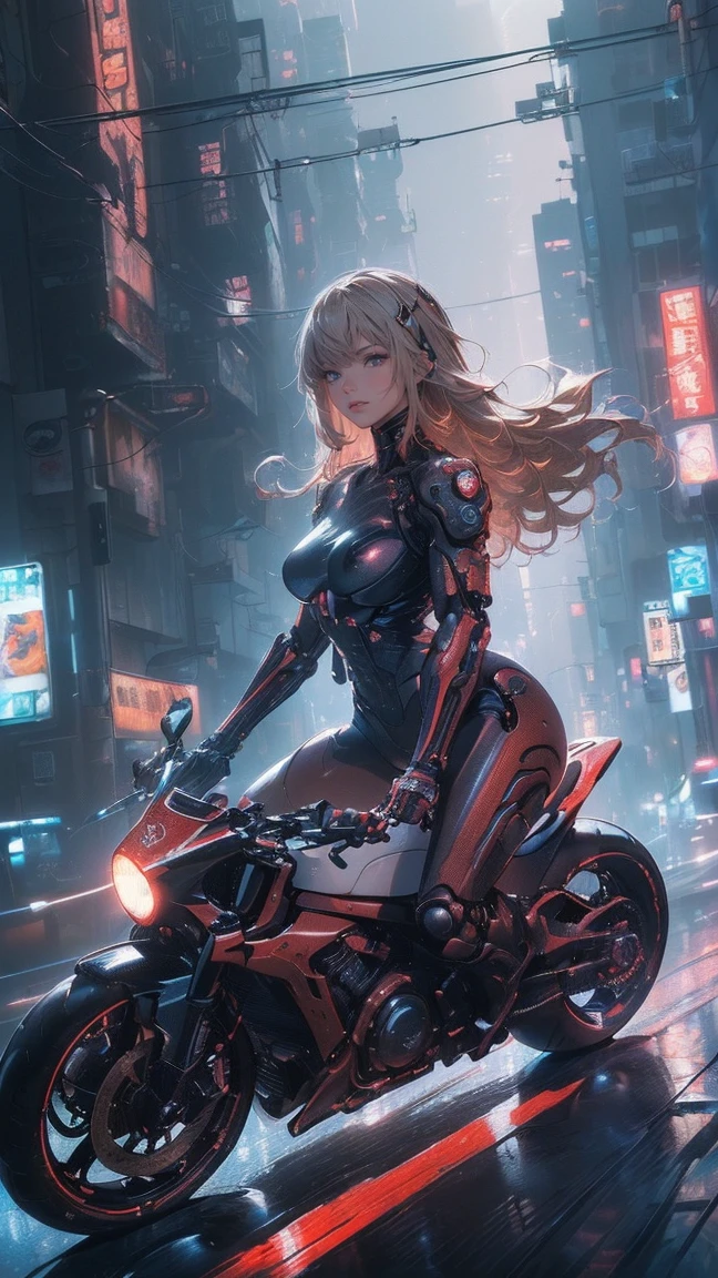 (Female cyborg riding a bicycle)(((8K.High resolution.Hyperrealism、Masterpiece 1.2、wlop1、Cinematic、Additional content、Live Photo 1.2、Best quality 1.2、超High resolution、Very detailed、Perfect Shading、Low angle upper body shot 1.2、1 photo、Commercial Photography 1.2、50mm、Film Grain、sf)))、(((Cyborg riding a red bike、))(Mechanical joint:1.2)、((Mechanical Limbs))、(Blood vessels connected to tu(Mechanical vertebrae attached to the back),((Mechanically connects the cervical spine to the neck),No facial expression,Observe the audience、(Wires and cables attached to the neck:1.2)、(Head wires and cables:1.2)、(Focus on the characters)、(Rider Suit、Buildings at night、Buildings at night、Impressive night view、Cyberpunk World、Riding on motorcycle、Riding on motorcycle)、、(Focus on the characters、Side angle)、(White skin、blonde、Long Hair、No bangs)