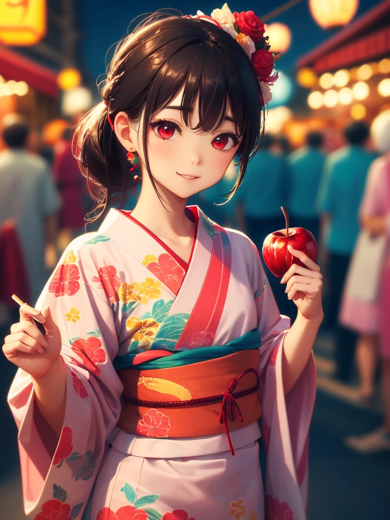 art by Cornflower,(masterpiece),(highest quality:1.2),((Perfect Anatomy)),(Perfect Fingers:1.3),(4k anime style),(1 girl),face focus,(Flat Chest),highest quality,pink ponytail hair,,Beautiful and detailed red eyes,pink yukata fashion,((apple candy)),((holding apple candy stuck on a stick)),pastel tones,soft cinematic lighting,Bokeh,summer festival night,Captivating smile