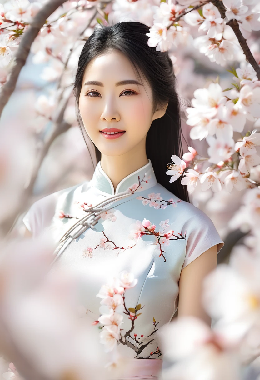 Hermosa joven china, pelo largo y negro, sonrisa gentil, vestido qipao de color claro, Cerezos en flor, El estilo del gato mihailo., colores suaves, fotografía, (mejor calidad,4k,8k,alta resolución,Obra maestra:1.2),ultra detallado,(Realista,photoRealista,photo-Realista:1.37)