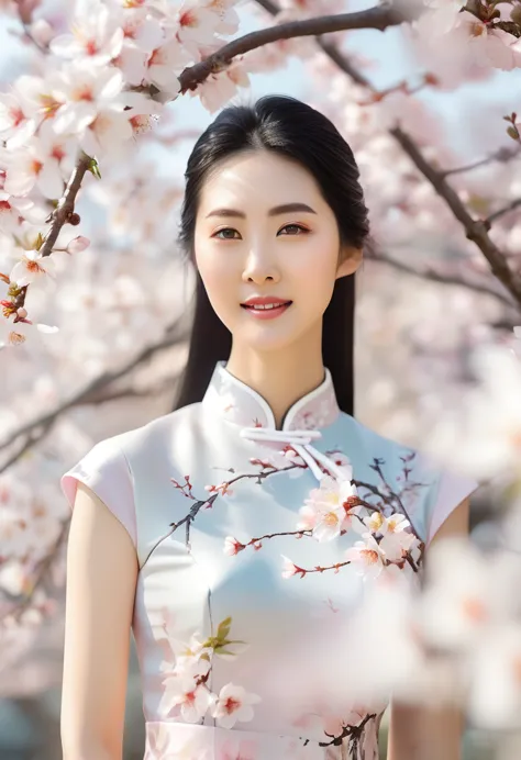 beautiful young chinese woman, long black hair, gentle smile, light color qipao dress, cherry blossom trees, mihailo katts style...