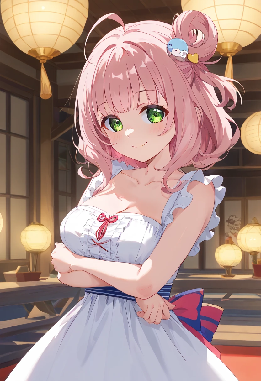 Anya Forger, Anya Forger, bangs, Green Eyes, Pink Hair, Ahoge, hair ornaments, Hair Pod, , woman, 7 years old ,, Live Stage, 巨大なchest, フォーマルドレスのsmile　Chika alone, MitsuriKanroji, nice, smile, chest, Underarm, White dress, natural soft light, Macaroons, Still mysterious, Crisp, smooth lines, radiant morning light, Soft light glow