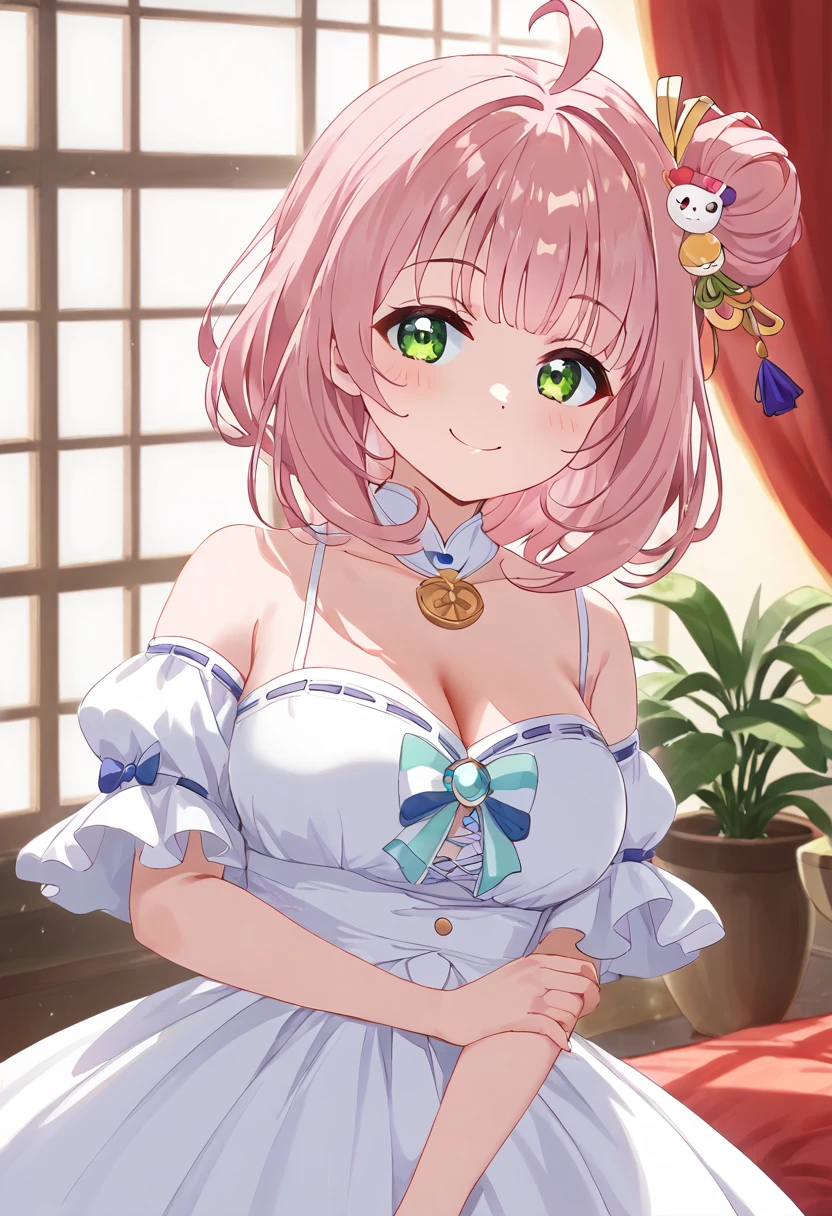 Anya Forger, Anya Forger, bangs, Green Eyes, Pink Hair, Ahoge, hair ornaments, Hair Pod, , woman, 7 years old ,, Live Stage, 巨大なchest, フォーマルドレスのsmile　Chika alone, MitsuriKanroji, nice, smile, chest, Underarm, White dress, natural soft light, Macaroons, Still mysterious, Crisp, smooth lines, radiant morning light, Soft light glow