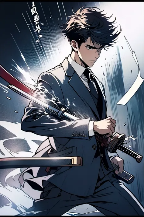 masterpiece, 20 years old man wearing a suit jacket, holding sword, highres,sharp focus,(ultra detailed,extremely detailed),