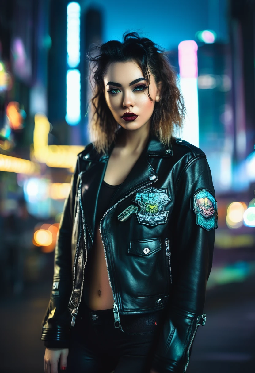 Portrait of emb-haiz, Pretty Face, Cyberpunk city by night. She was wearing a leather jacket,underwear,  Black jeans, Dramatic Lighting, (badge:1.2).