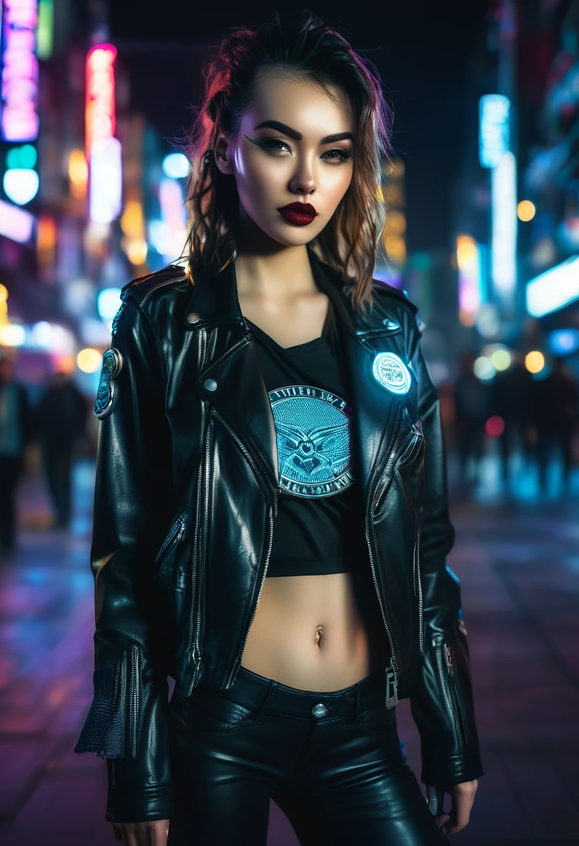 Portrait von emb-haiz, hübsches Gesicht, Cyberpunk city by night. Sie trug eine Lederjacke,Unterwäsche,  schwarze Jeans, dramatische Beleuchtung, (Abzeichen:1.2).