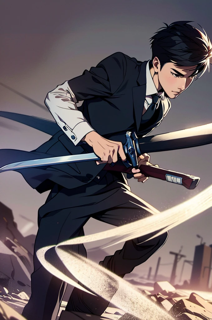 masterpiece, 20 years old man wearing a suit jacket, holding sword, highres,sharp focus,(ultra detailed,extremely detailed),
