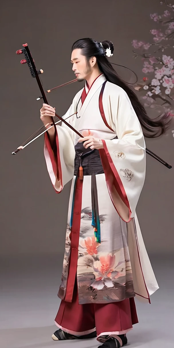 1man, young man, long hair,  western face, face detail, tall and thin, playing erhu,holding erhu, wearing hanfu, (((masterpiece,best quality))),((good structure,Good composition,good atomy)), ((clear, original,beautiful)),