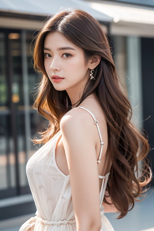 highest quality、4K、Beautiful lady、Perfect Face、Perfect Style、model、perfect body、Sunburn、beautiful lady、mature、long curly layer brown hair、Swept-back hair、full body, sexy 、charming、healthy、dress、CHANEL