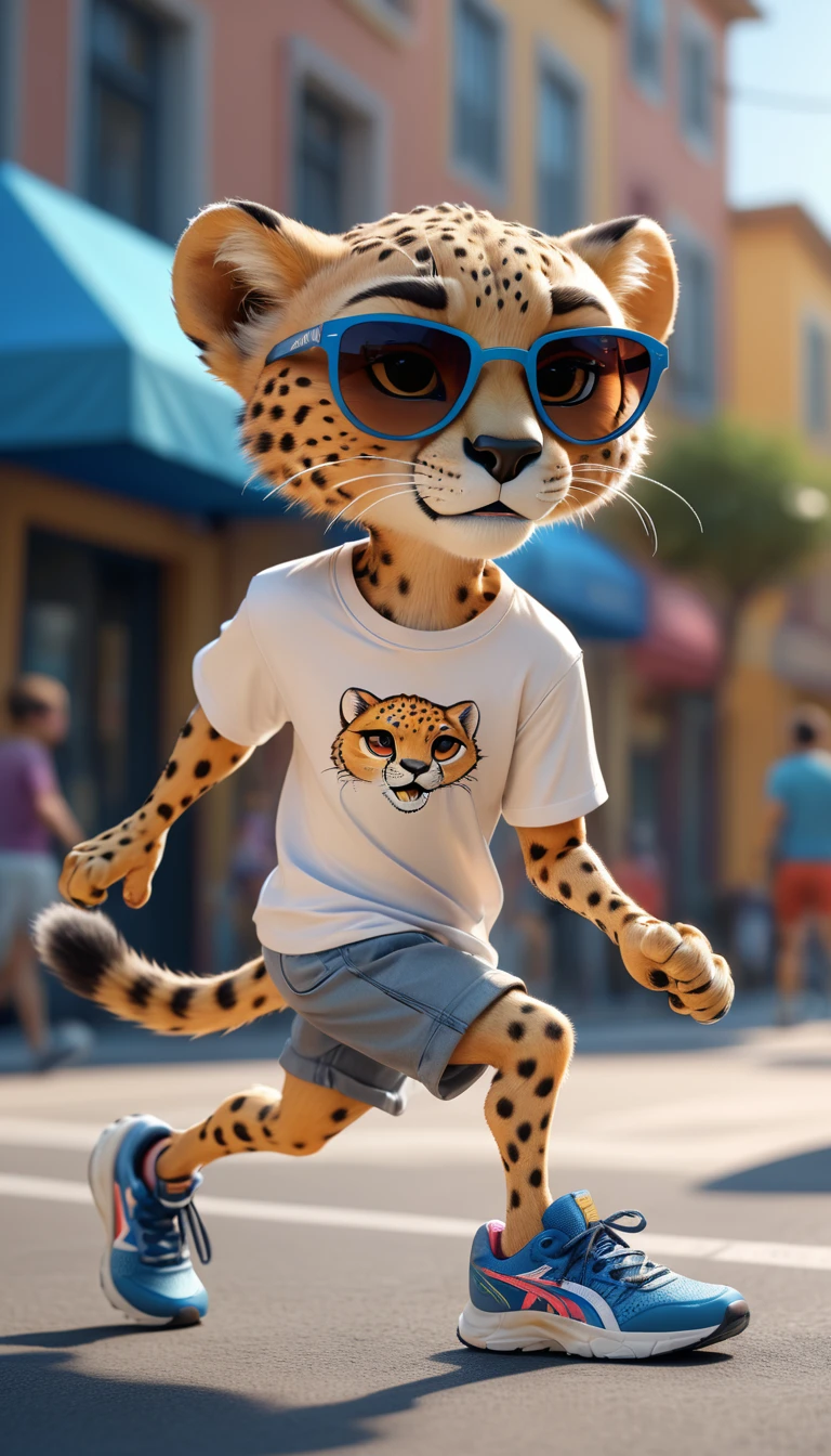 disney style, line art, anthropomorphic cheetah, wearing shorts, sport shoes, t-shirt, sunglasses, ready to run, (best quality,4k,8k,highres,masterpiece:1.2),ultra-detailed,(realistic,photorealistic,photo-realistic:1.37),concept art,vibrant colors,dynamic lighting,highly detailed,cinematic composition,dramatic pose,sense of motion,clean lines,expressive linework