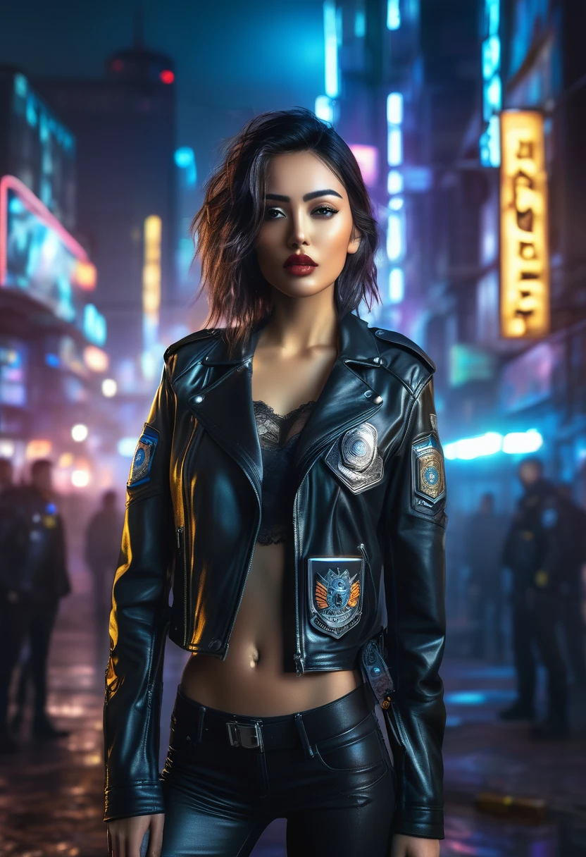 サイバーパンクな街の夜を背景にした美しい若い女性, 革のジャケットを着ている, ランジェリー, とブラックジーンズ, ドラマチックな照明, (警察バッジ:1.2), 詳細な顔の特徴, 非常に詳細な, 写実的な, 8k, 受賞歴のあるアート