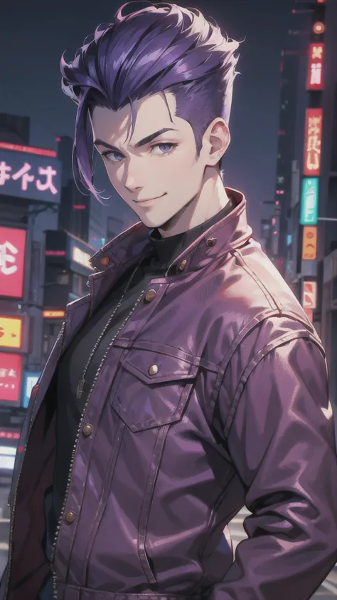 bad boy, low angle, purple pompadour, red jacket and jeans, looking at camera, smiling, tokyo city，pocket hand、solo