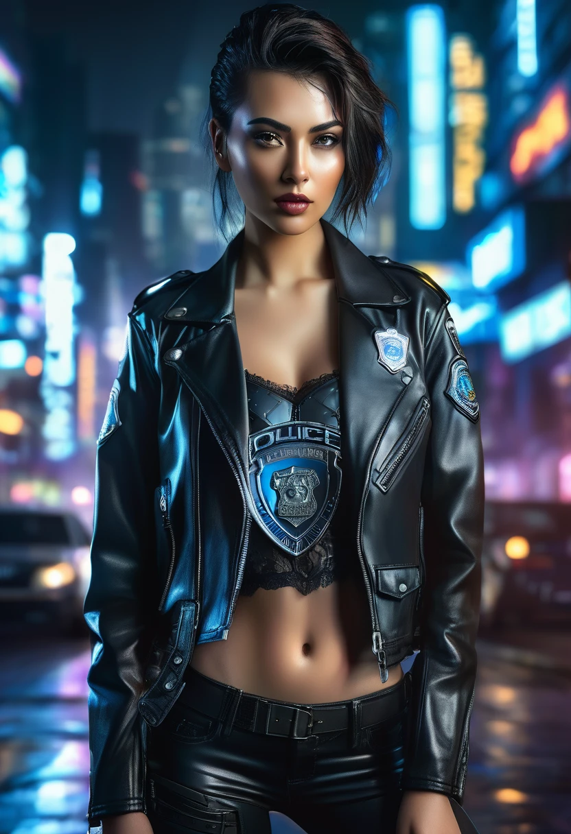 a beautiful young woman with intense cyberpunk city night behind her, wearing a leather jacket, lingerie, and black jeans, dramatic lighting, (police badge:1.2), detailed facial features, highly detailed, photorealistic, 8k, award winning art