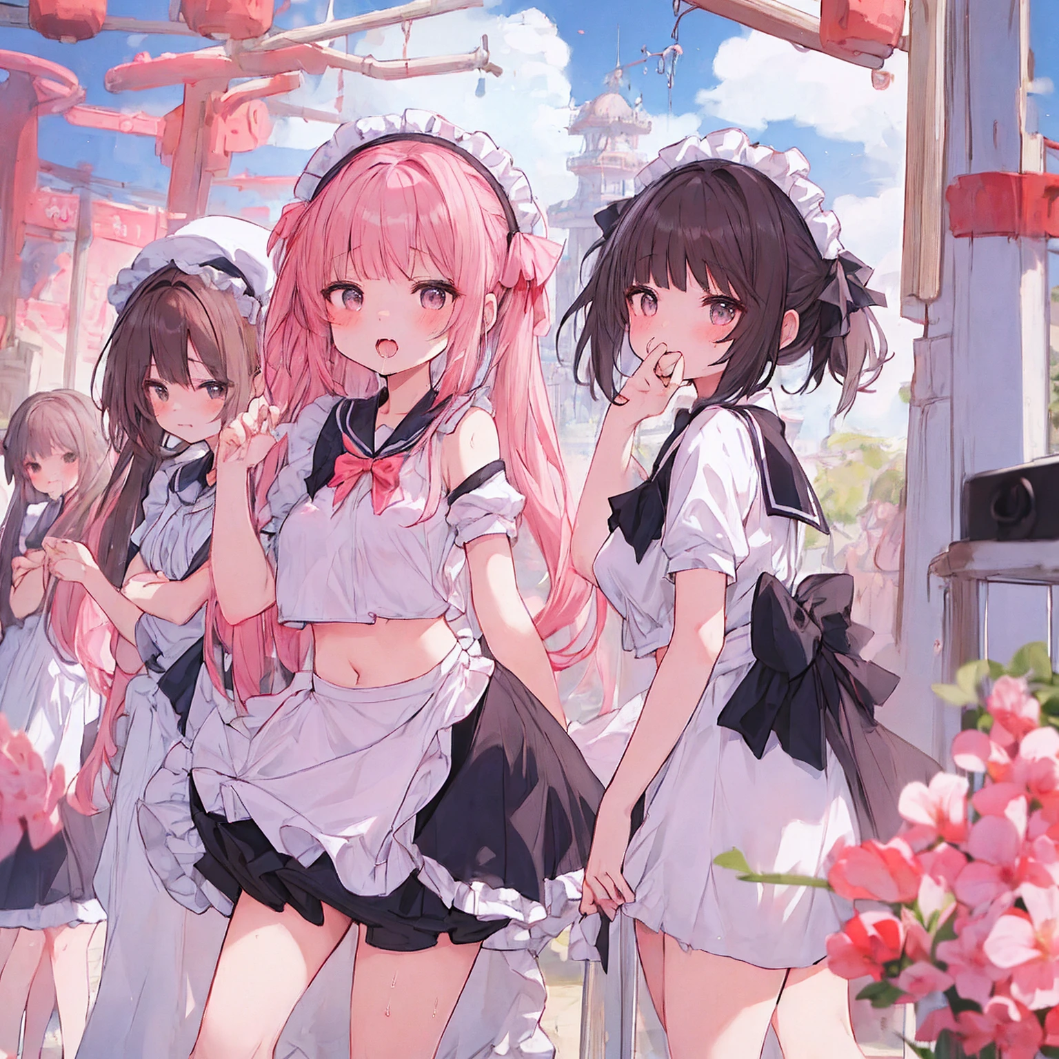 ((1 Japanese girl、aldult)), ( small)), Black Hair、Brown Hair、masterpiece, 最high quality, high quality, Highly detailed 8K wallpapers,amusement park、Pink Hair、Tropical night、Extreme heat、Heavy breathing、breathe、Sweat、Head ornament、cute girls、Cute Maid、Bold Pose、(Shut your mouth.、Secretes saliva)、Big nipples、Wait for orders、No fixes、Tingling in the mouth、(girl、classmate、Squid Belly、Wearing pink)、（No underwear）、Beautiful flat breasts、（Intense Sweat）、(Saliva volume:1.4）、(Elementary school girl、Cute belly、Prephysiology、Abdominal distention、Spreading pussy、Squirting）、（stroking the stomach:2）、(A comfortable face、Beautiful Face）、（serving）、（Trembling in the lower back:2）、Life-size、In front of the camera、Walk with your feet together