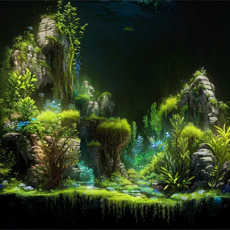 there is an aquarium with plants and rocks in it, iwagumi waterscape, aquatic plants, overgrown with aquatic plants, aquatic pla...