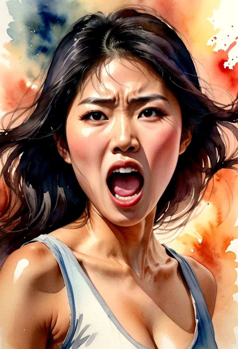 Portrait of a young Asian woman&#39;s face,The side opened its mouth extremely wide and shouted loudly in anger.,watercolor