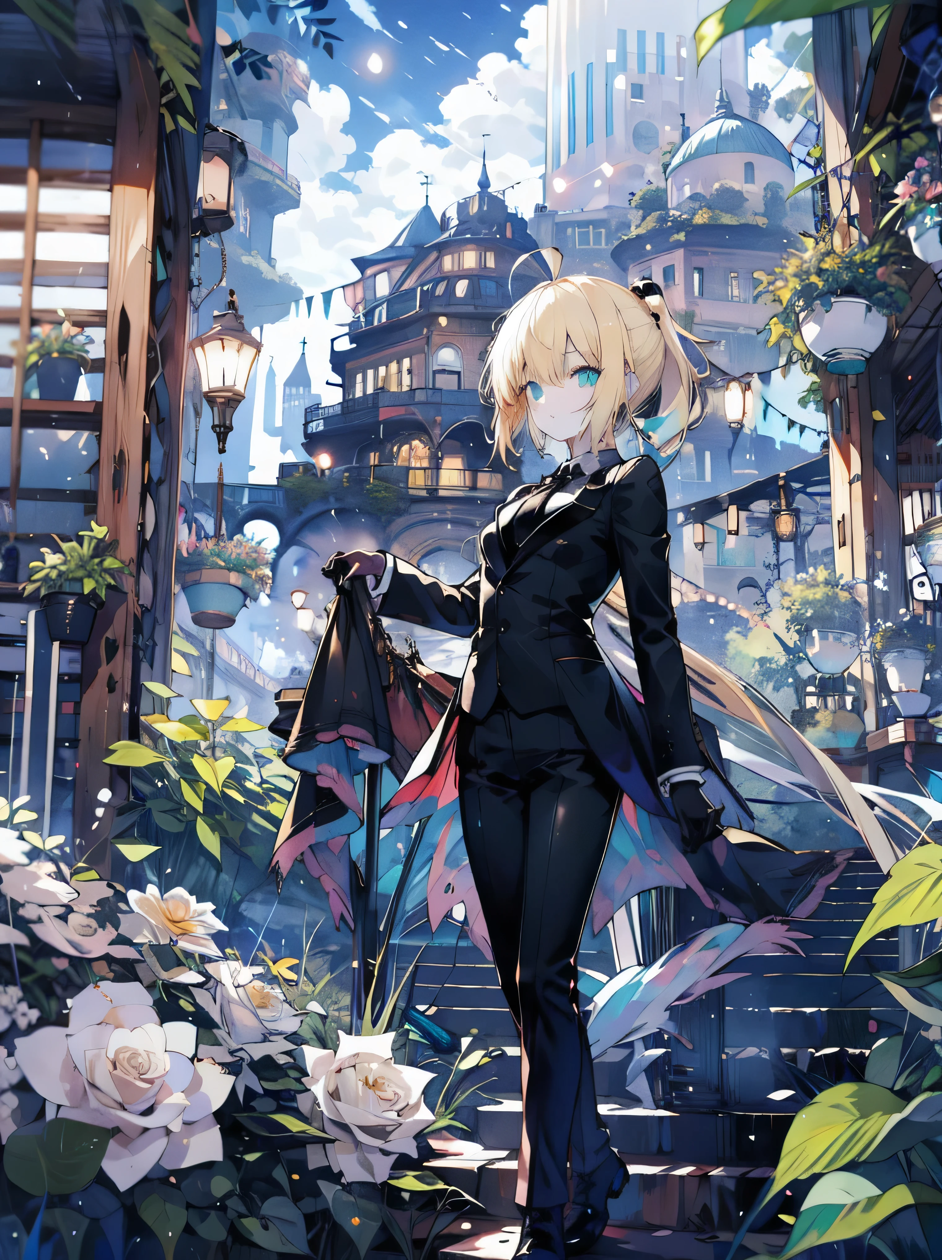 Uhd, absurdres, best_quality, masterpiece, best quality,1girl, solo, adult, woman, saberzero, formal, necktie, (blonde hair), (ponytail), ((ahoge)), straight hair, sidelocks, small breasts, looking at viewer, (black suit), grey shirt, (black tie), black half gloves, ((black pants)), close-up, straight bangs, long sleeves, (aqua eyes), white rose, rose garden, city in background, 