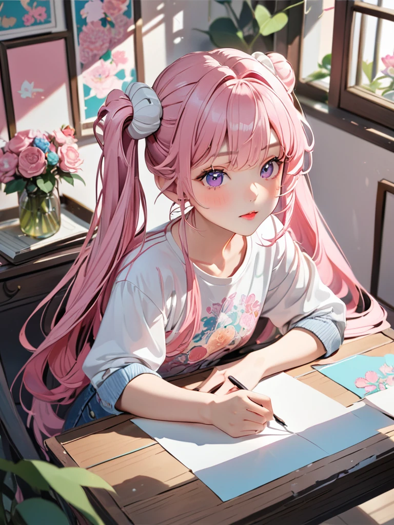 (((How to cut paper))), (The frame of the illustration is a 3D paper cut: 1.2), (colorful), 1 Girl, Pink long hair, Twin tails, cap, denim, shirt, A dog and a girl,masterpiece, Highest quality, High resolution, {Detailed and beautiful eyes}, finely,  Detailed and beautiful eyes,1 Girl, (alone:1.5),  (Hair Ribbon:0.4), Pink Eyes,(((White bun hair))),(((Long pink hair))),