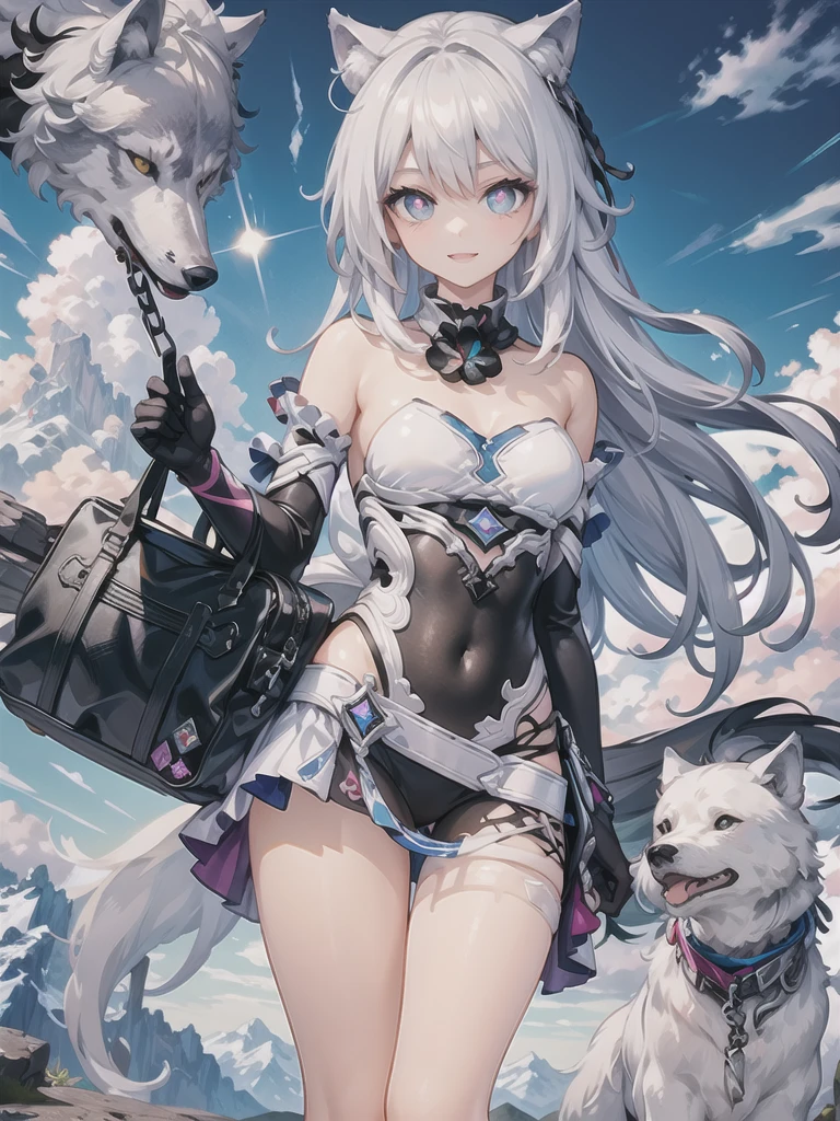 (extremely detailed CG, best qualityer:1.1), 1 girl, face perfect, shiny pupils, (beautiful finely detailed eyes:1.1), ((wolf ear)), ((Wolf tail)), with his back looking at the landscape from the top of the mountain, Broad Hips, narrow waisted, beautiful smile, pom pom (badass clothing), duffel bag, boots with leather trim, elbow gloves, bottom-up view