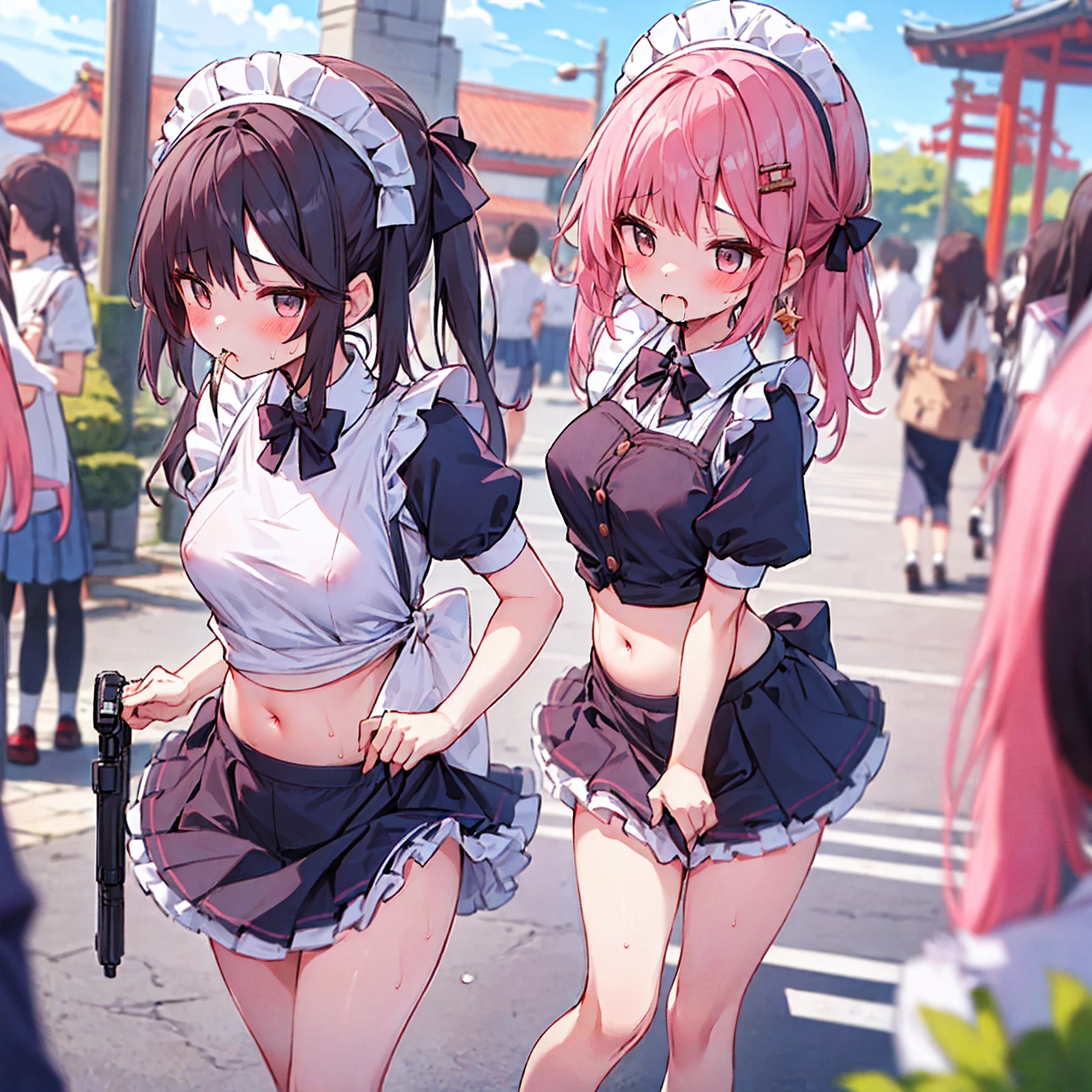 ((1 Japanese girl、aldult)), ( small)), Black Hair、Brown Hair、masterpiece, 最high quality, high quality, Highly detailed 8K wallpapers,amusement park、Pink Hair、Tropical night、Extreme heat、Heavy breathing、breathe、Sweat、Head ornament、cute girls、Cute Maid、Bold Pose、(Shut your mouth.、Secretes saliva)、Big nipples、Wait for orders、No fixes、Tingling in the mouth、(girl、classmate、Squid Belly、)、（No underwear）、Beautiful flat breasts、（Intense Sweat）、(Saliva volume:1.4）、(Elementary school girl、Cute belly、Prephysiology、Abdominal distention、Spreading pussy、Squirting）、（stroking the stomach:2）、(Beautiful Face）、（serving）、（Trembling in the lower back:2）、Life-size、In front of the camera、Walk with your feet together