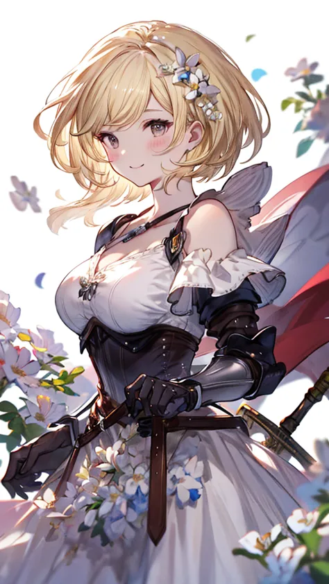 masterpiece、Highest quality、blonde、Shortcuts、White flower corsage、blush、woman、Big Breasts、Backwards、Sword、Show your back、（White ...