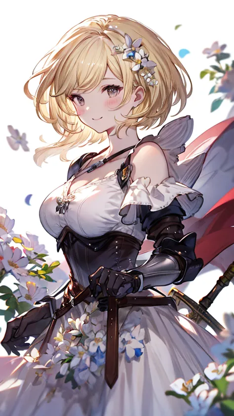 masterpiece、highest quality、blonde、shortcuts、white flower corsage、blush、woman、big breasts、backwards、sword、show your back、（white ...