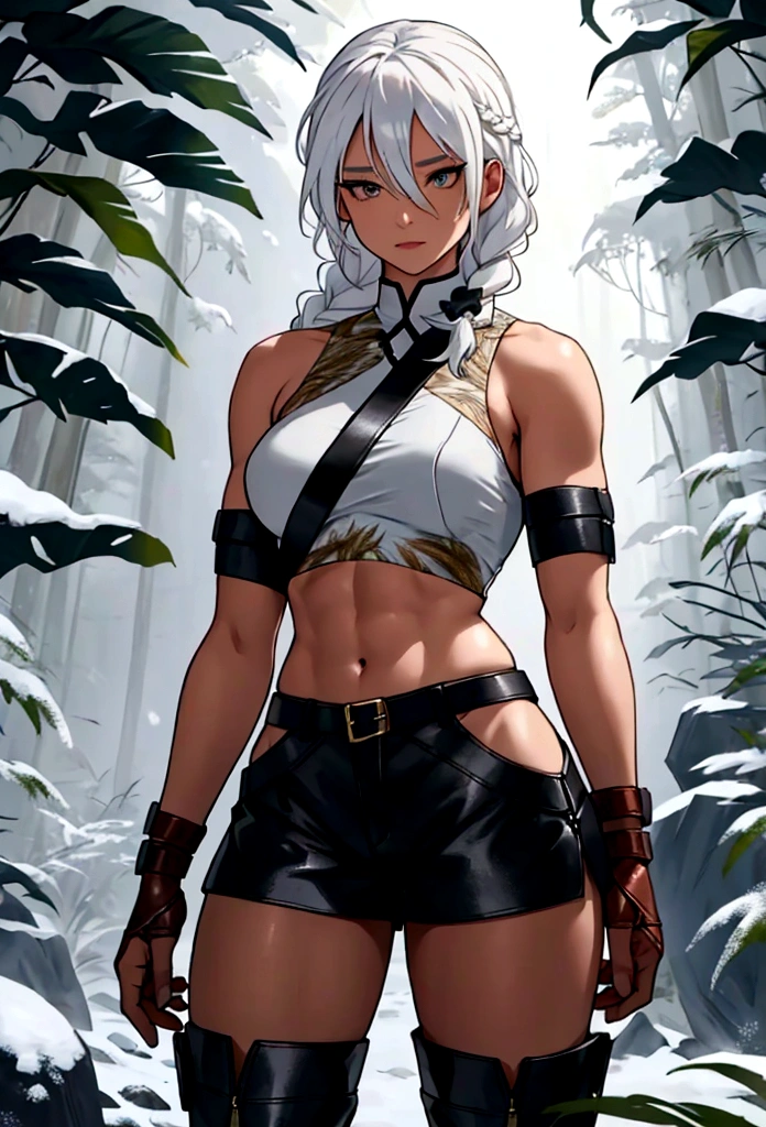 Yunna has snow-white hair, long and straight, that falls in an elegant braid over her right shoulder, delicately framing her face. Athletic and agile, with muscles toned from hunting and fighting. Your outfit is light and functional, ideal for moving freely through the jungle. She usually wears a short top made of leather or resistant fabric that exposes her abdomen., and shorts of the same material. Sometimes she wears a short skirt made of feathers or leather strips over her pants..