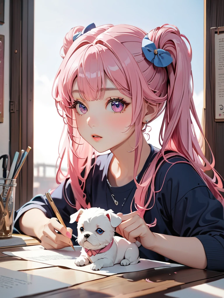 (((How to cut paper))), (The frame of the illustration is a 3D paper cut: 1.2), (colorful), 1 Girl, Pink long hair, Twin tails, cap, denim, shirt, A dog and a girl,masterpiece, Highest quality, High resolution, {Detailed and beautiful eyes}, finely,  Detailed and beautiful eyes,1 Girl, (alone:1.5),  (Hair Ribbon:0.4), Pink Eyes,(((White bun hair))),(((Long pink hair))),