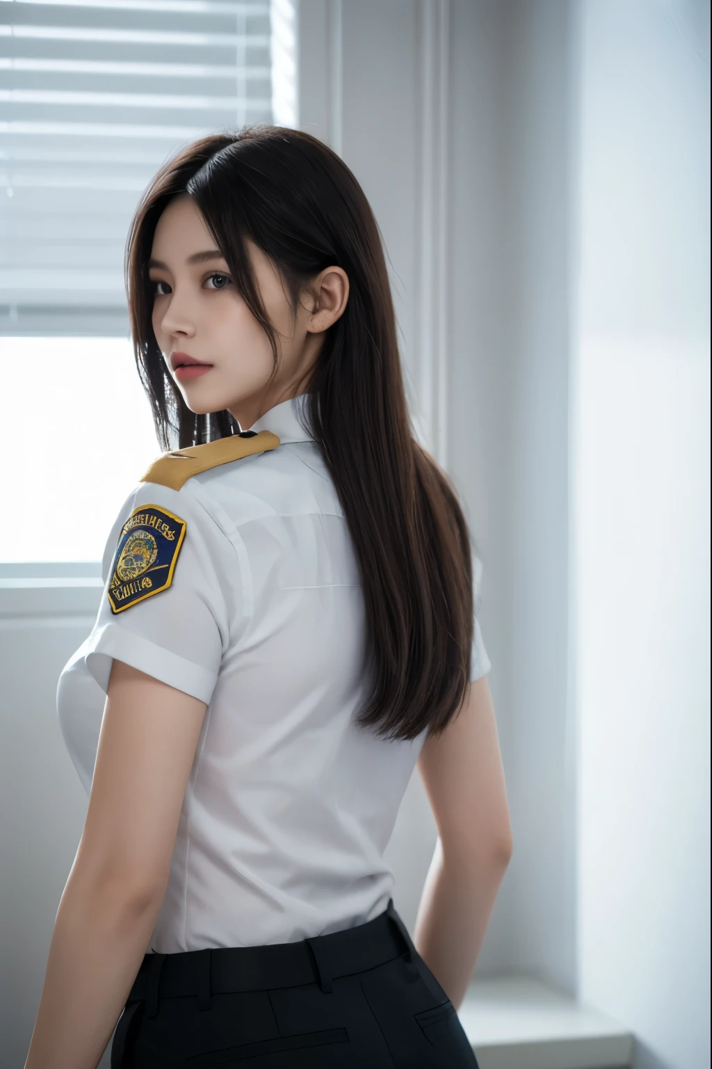 (masterpiece quality), 1girl , Claire, back, wear police uniform, long hair