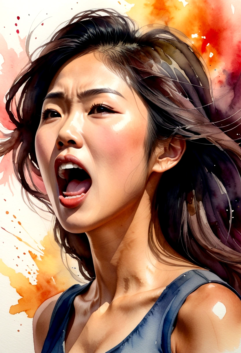 Side view of a young Asian woman,His mouth opened wide and he shouted loudly in anger.,watercolor,abstract art,greatly exaggerated