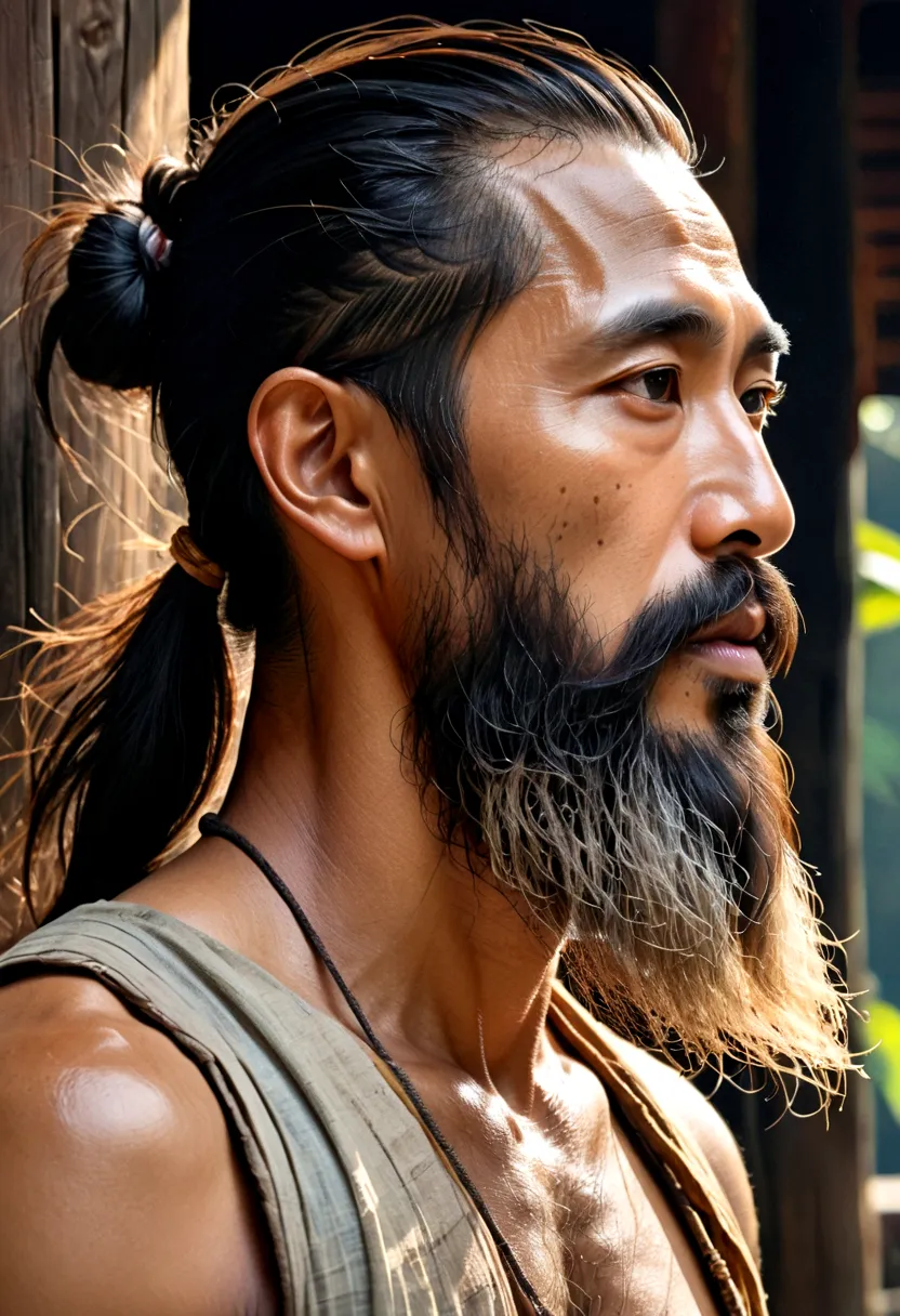 Side view of a Thai man with a long, messy beard, narrow eyes, watercolor