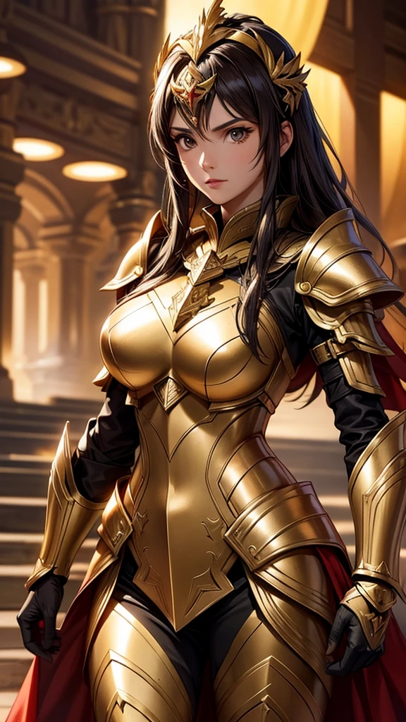 Lady Athena in her war armor, detailed armor of golden and red, her mature look is so elegant, HD, 4K