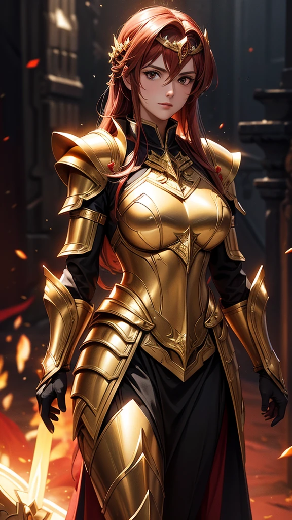 Lady Athena in her war armor, detailed armor of golden and red, her mature look is so elegant, HD, 4K