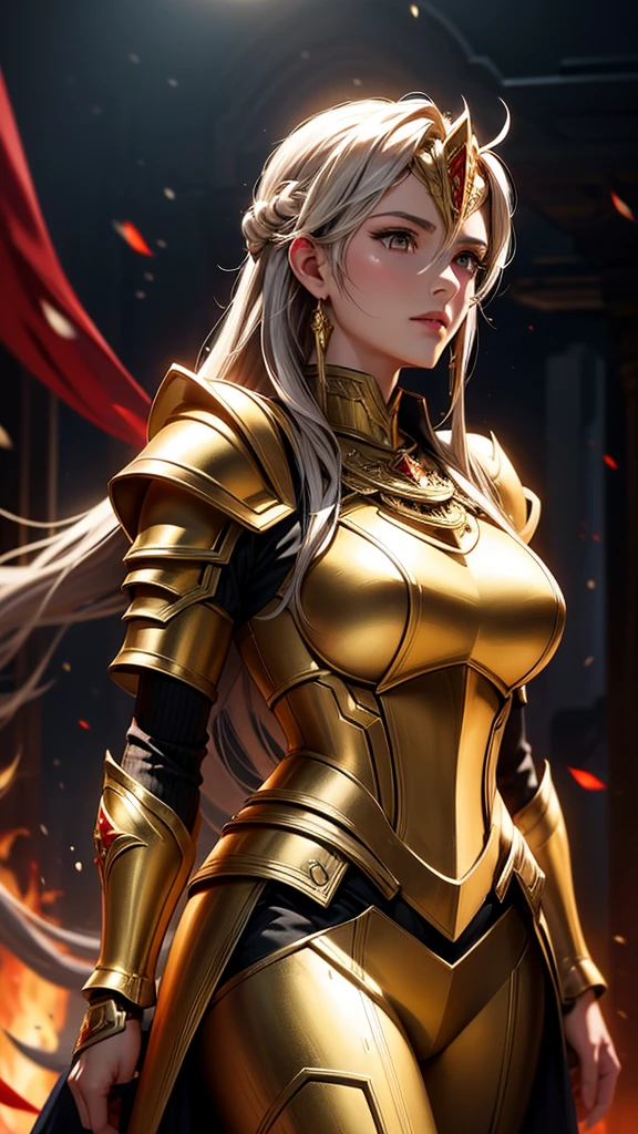 Lady Athena in her war armor, detailed armor of golden and red, her mature look is so elegant, HD, 4K