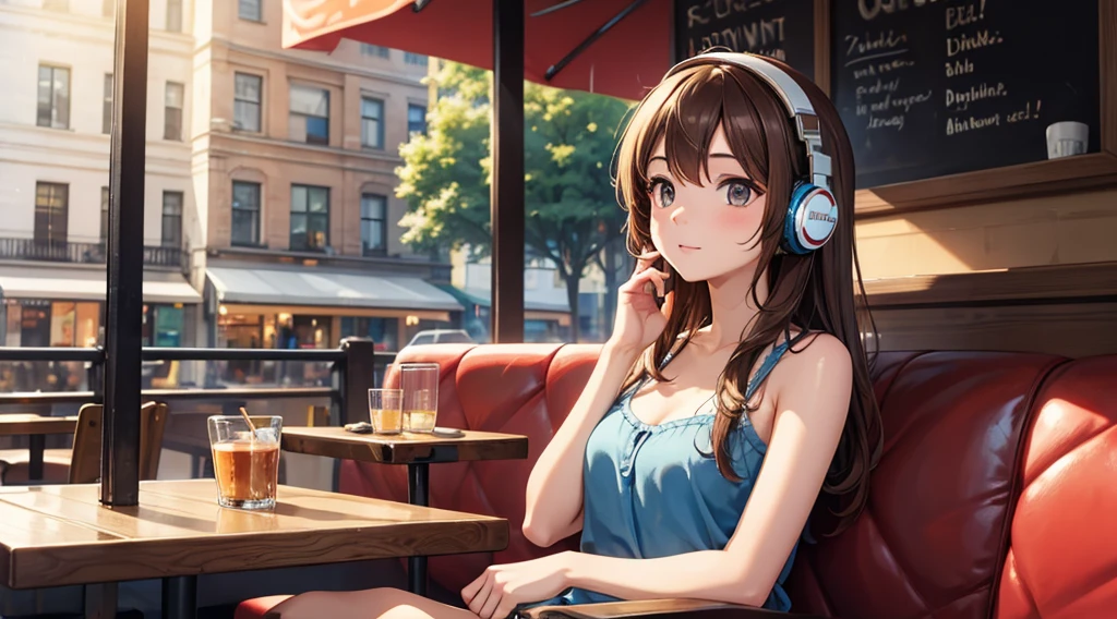 Brown-haired girl listening to music with headphones in a cafe on a summer day