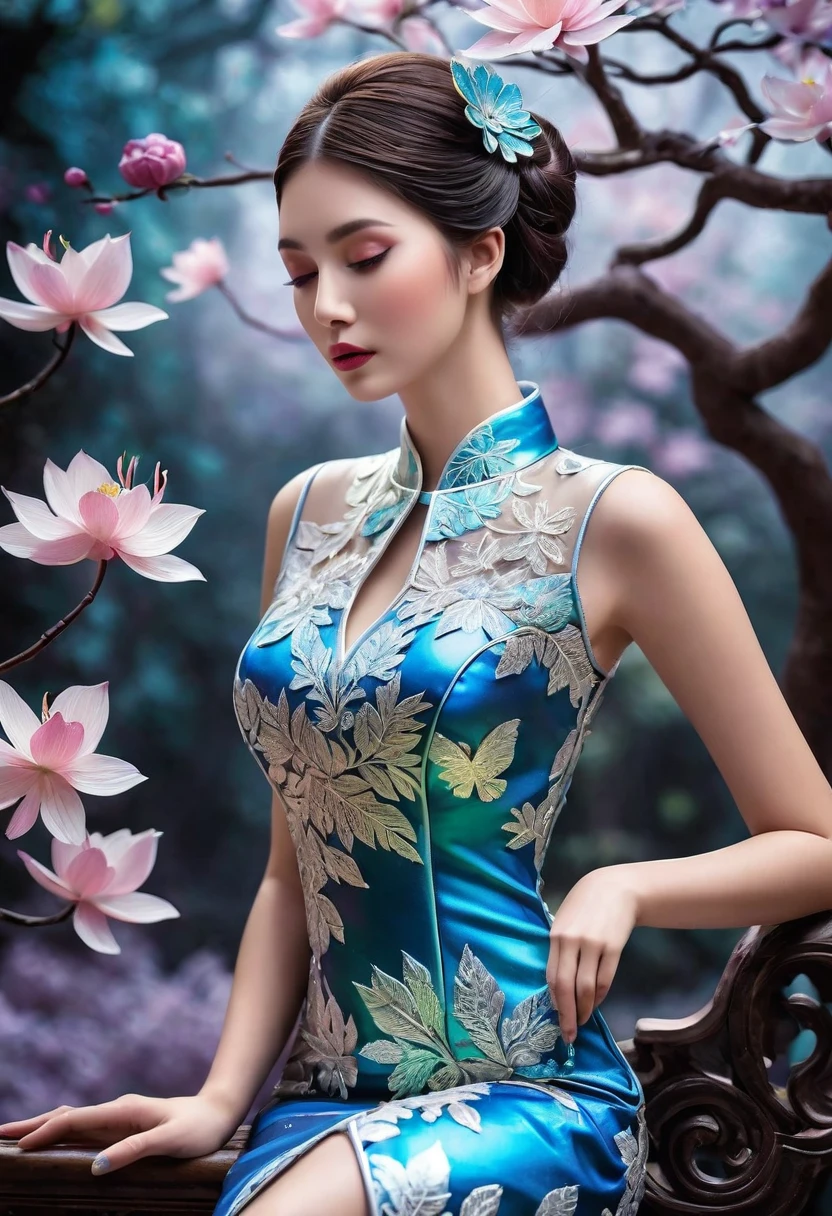 Desenhe uma figura 4D impressionante e de tirar o fôlego em estilo tinta uhd, usando um sublime vestido Cheongsam muito detalhado em renda fractal, efeito holográfico saindo da folha de desenho, dessin extrêmement détaillé, hiperrealista, Detalhes sublimes. Um trabalho verdadeiramente notável, trabalho alegre e sensual, (sublime peito com efeito push-up que parece sair da folha de desenho), (Ela quer fugir da folha de desenho)