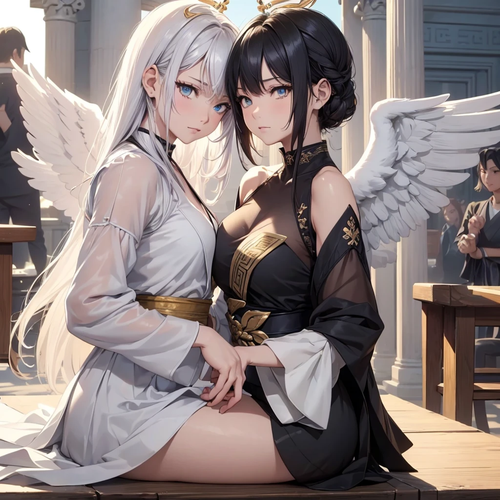 ((On the table, best quality)), Delicate face, Character Design Sheet，whole body, Perfect proportion，Rich in details, Multiple poses and expressions, Very detailed, Martial Arts Girl，1Girl with black wings，Gradient hair color，Golden，Delicate eyes, see through，1 Angel Wings Girl，cloud，High balance, Halo，Natural light，Starlight decoration，Greek Temple