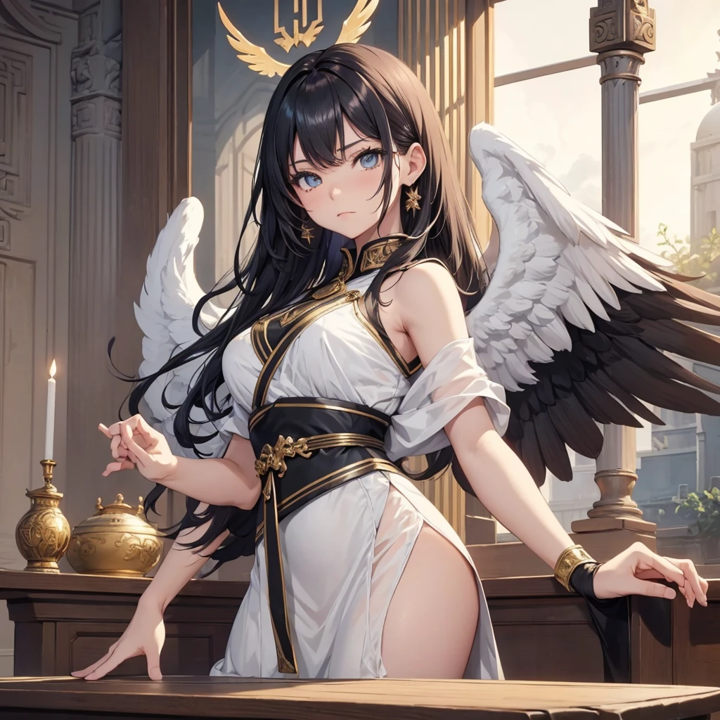 ((On the table, best quality)), Delicate face, Character Design Sheet，whole body, Perfect proportion，Rich in details, Multiple poses and expressions, Very detailed, Martial Arts Girl，1Girl with black wings，Gradient hair color，Golden，Delicate eyes, see through，1 Angel Wings Girl，cloud，High balance, Halo，Natural light，Starlight decoration，Greek Temple