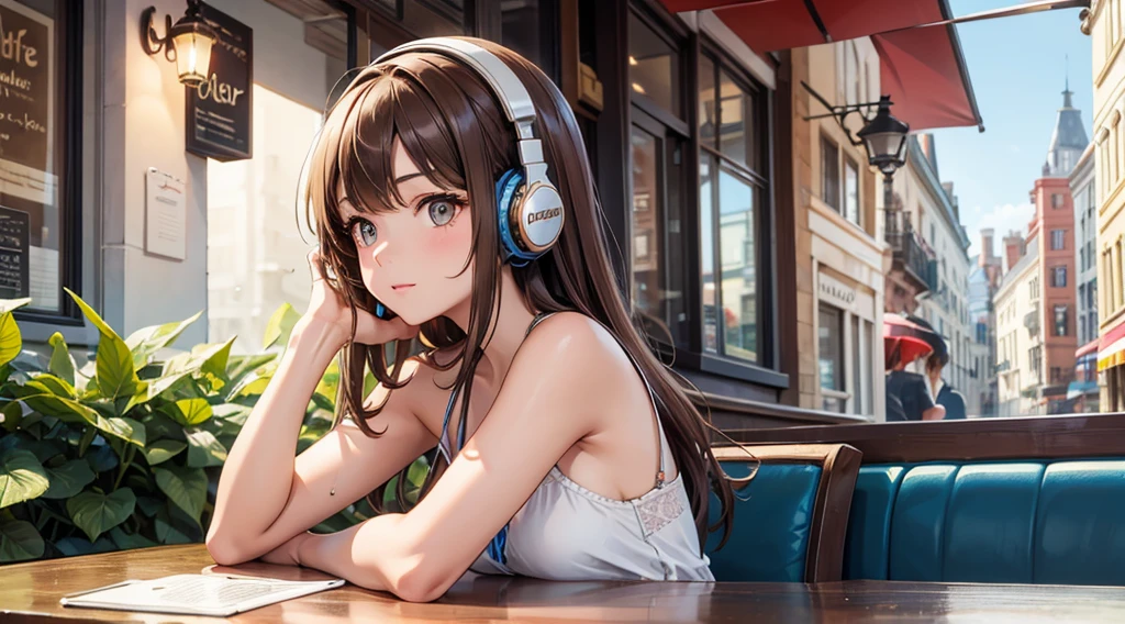 Brown-haired girl listening to music with headphones in a cafe on a summer day　One person