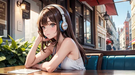 brown-haired girl listening to music with headphones in a cafe on a summer day　one person