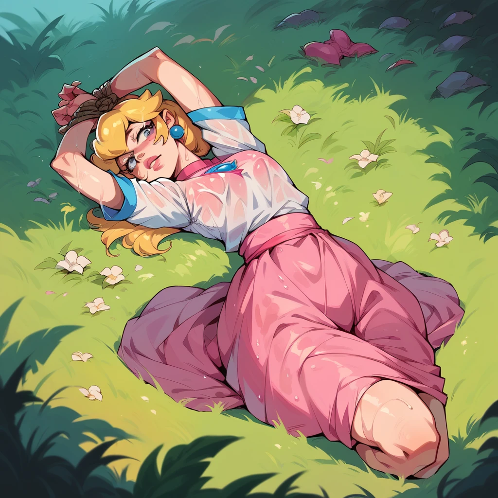 Alien Monster pees on tied up princess Peach lying on the grass - SeaArt AI