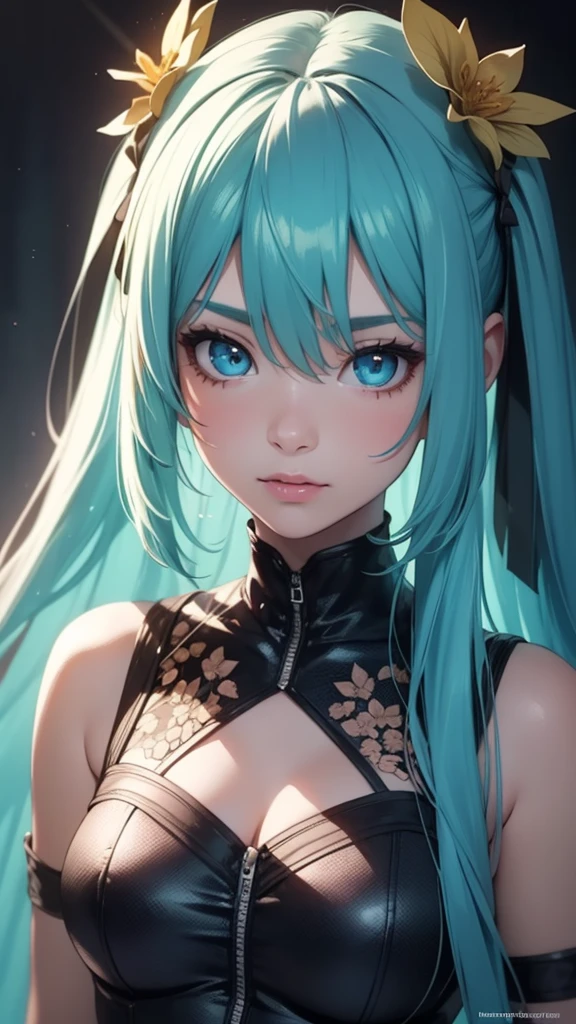 linda chica anime, 1 chica, Miku Hatsune, hermosos ojos detallados, hermosos labios detallados, cara extremadamente detallada, pelo largo azul, dos colas, vestido colorido, corona de flores, ojos brillantes, chica mágica, elementos de fantasia, Colores vibrantes, iluminación suave, composición cinematográfica, pintura digital, (mejor calidad,4k,8K,alta resolución,obra maestra:1.2),ultra detallado,(Realista,photoRealista,photo-Realista:1.37)