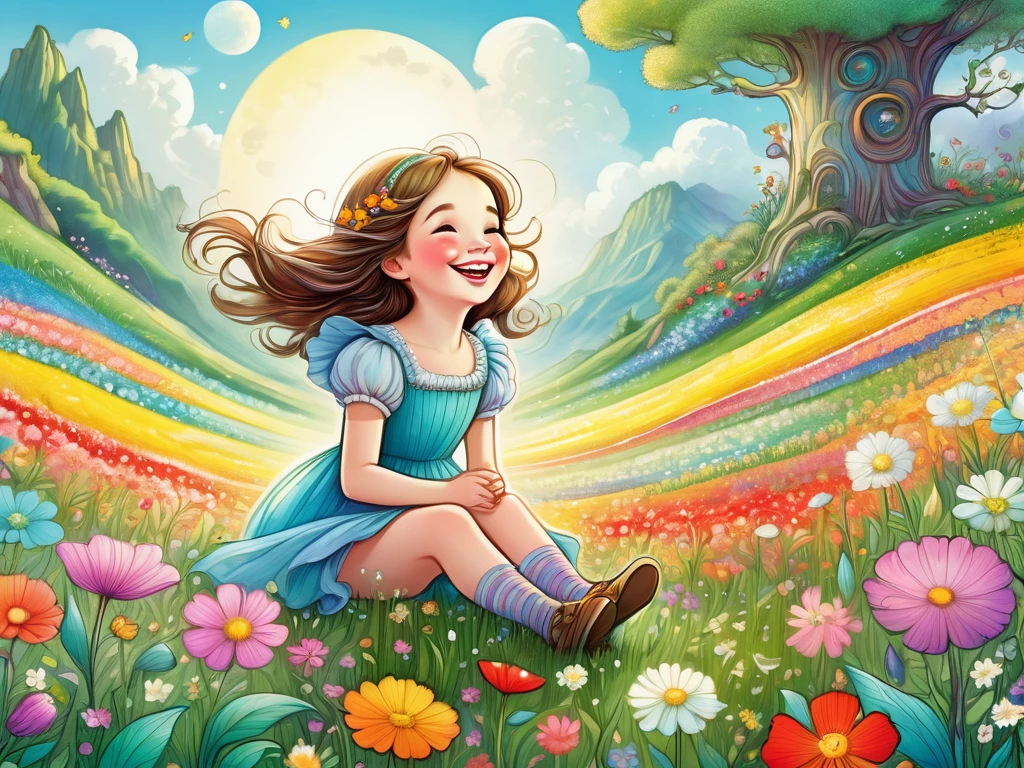 ((Gros plan d&#39;une fille de conte de fées assise dans un champ de fleurs et riant, avec un grand dessin central))、Semble heureux,Une illustration,Populaire,couleurfulに,dessiner avec des lignes épaisses,couleur,branche d&#39;arbre、Des rêves heureux,Chaleureux et plein de bonheur,,couleurful,fantaisie,fantaisie,,Explication détaillée,Duveteux,Style Randolph Caldecott