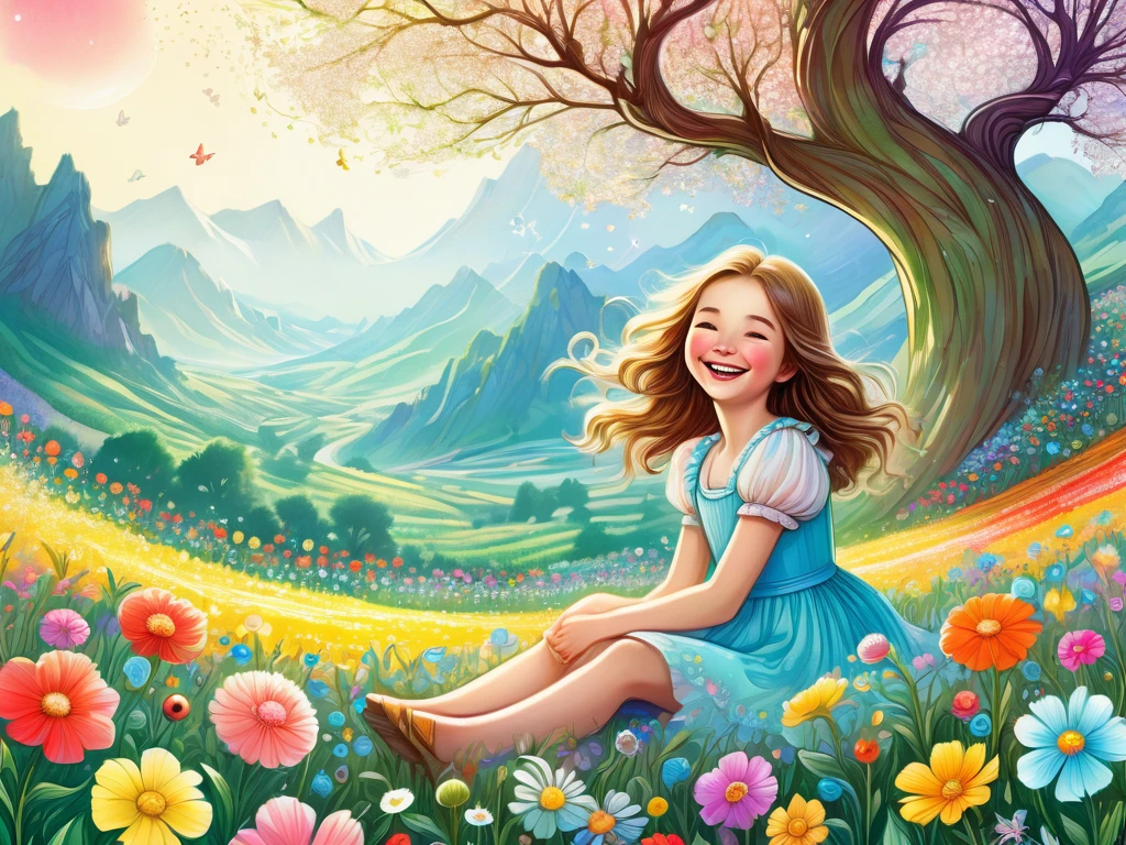 ((Gros plan sur une jeune fille de conte de fées assise dans un champ de fleurs et riant, avec un grand dessin central))、Semble heureux,Une illustration,Populaire,couleurfulに,Dessiner avec des lignes épaisses,couleur,branche d&#39;arbre、Des rêves heureux,Chaleureux et plein de bonheur,,couleurful,fantaisie,fantaisie,,Explication détaillée,Duveteux,Style de Randolph Caldecott