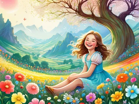 ((Close-up of a fairytale girl sitting in a flower field and laughing, with a large central drawing))、looks happy,An illustratio...