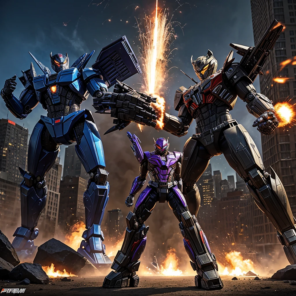 A transformer based on a spider (Decepticon) fights a transformer themed around a Cheetah (Autobot), robot battle in New York, explosions, high action

