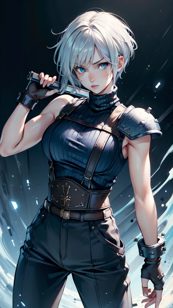 (masterpiece, best quality:1.2), expressive eyes, perfect face, highres, 1 girl, solo, (female:1.5), strife, short hair, shoulder armor, sleeveless turtleneck, suspenders, belt, gloves, bracer, standing, portrait, looking at viewer, White hair, Blue glowing eyes, holding a giant katana,