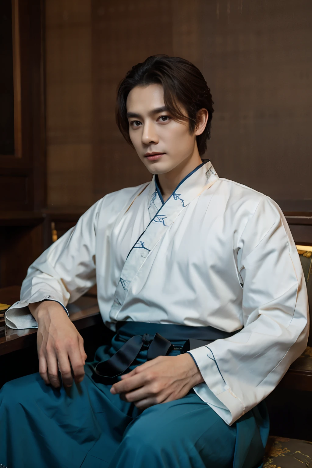 1人, 40岁, elegant hanfu, 汉服上的优雅图案, 中年男性, 坐在桌边, 在一间气派典雅的中式办公室里, 神秘, 出口